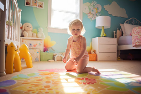 Female Caucasian child playing in playroom fun leggings. Generative AI AIG23.の素材