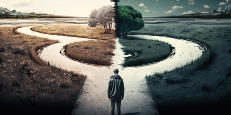 Man at two roads deciding for best chance of environment protection. superlative generative AI image.の素材