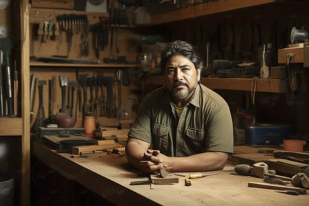 Male Hispanic adult home improvement garage workshop. Generative AI AIG23.の素材