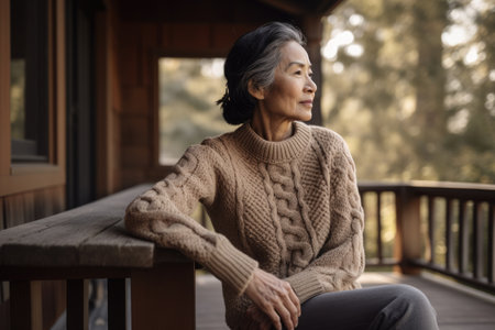 Female Asian senior knitting cozy sweater warmth front porch. Generative AI AIG23.の素材