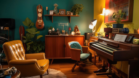 Inspiring office interior design Mid-century style Private office featuring Vintage desk architecture. Generative AI AIG 31.の素材