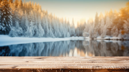 The empty wooden table top with blur background of winter in Finland. Generative AI image AIG30.の素材
