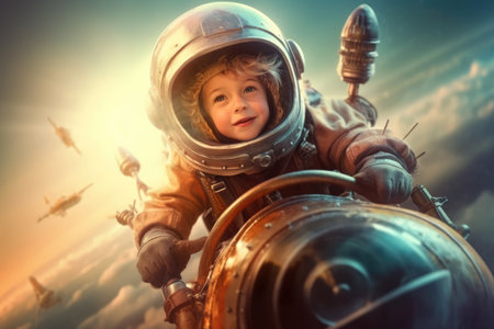 kid in spacesuit helmet riding on a rocket. beautiful Generative AI AIG32の素材