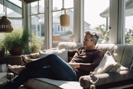 Male Caucasian middle aged lounging sun room cozy warm. Generative AI AIG23.の素材