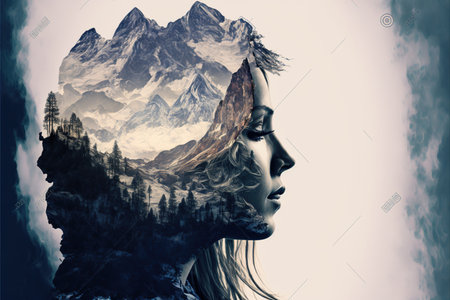 Double exposure woman portrait with cloudscape and mountain range background for sense of peaceful tranquility concept. Meditative natural freshness and mental abstract art. Superb Generative AIの素材