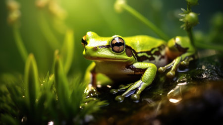 photo of a frog, macro photography , stream of fresh water, young green plant, outdoor springtime. beautiful Generative AI AIG32の素材