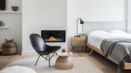 Bedroom decor, home interior design . Scandinavian Modern style with Fireplace decorated with Wood and Leather material . Generative AI AIG26.の素材