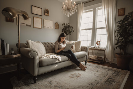 Female Middle Eastern 30s reading books in living room couch casual relaxing. Generative AI AIG23.の素材