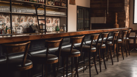 Vintage bar interior design with a row of wooden bar tables and stools. Generative AI AIG27.の素材