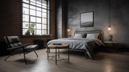 Bedroom decor, home interior design . Industrial Minimalist style with Exposed Brick decorated with Concrete and Metal material . Generative AI AIG26.の素材