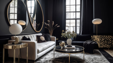 Living room decor, home interior design . Art Deco Contemporary style with Large Window decorated with Velvet and Marble material . Generative AI AIG26.の素材