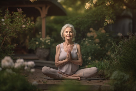 Female Caucasian elderly doing yoga exercise garden athletic. Generative AI AIG23.の素材