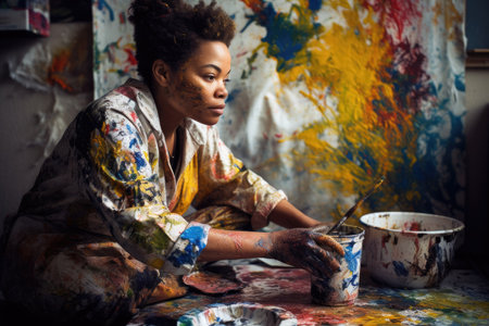 Female African middle aged painting art studio artist apron picture drawing. Generative AI AIG23.の素材