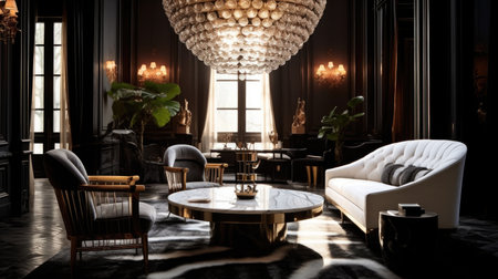 Interior design inspiration of Art Deco Glam style home dining room loveliness decorated with Marble and Glass material and Statement chandelier .Generative AI home interior design .の素材