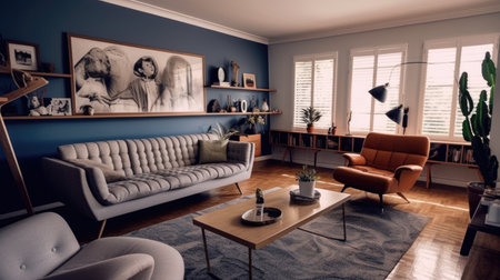 Stylish modern living room interior design with dark blue wall and a carpet on the wooden floor. Generative AI AIG27.の素材