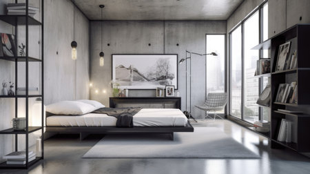Bedroom decor, home interior design . Modern Industrial style with Large Floor-to-Ceiling Windows decorated with Concrete and Metal material . Generative AI AIG26.の素材