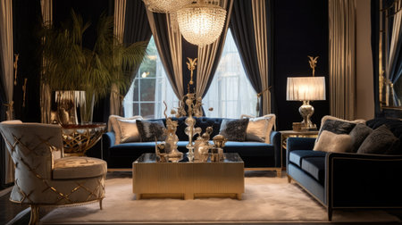Living room decor, home interior design . Art Deco Glam style with Chandelier decorated with Marble and Velvet material . Generative AI AIG26.の素材