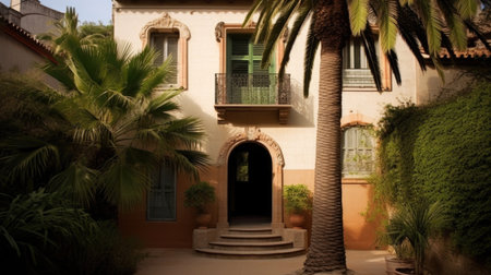 Home architecture design in Ranch Style with Indoor-outdoor living constructed by Stone and Wood material. Mid-century modern ranch style. Generative AI AIG25 .の素材