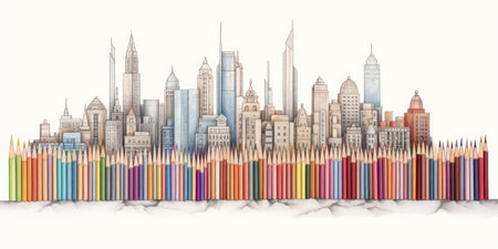 city skyline color pencil drawing on white background. beautiful Generative AI AIG32の素材