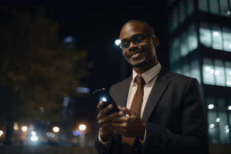 Wide angle shot of a young african-american businessman executive using mobile phone with background of modern office buildings at night. Generative AI AIG18.の素材