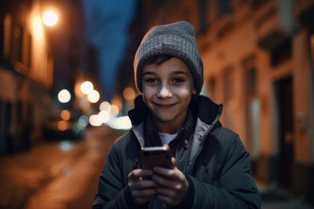 Wide angle shot of a young caucasian 10-year-old little boy trendy clothes using mobile phone with background of urban city street at night. Generative AI AIG18.の素材