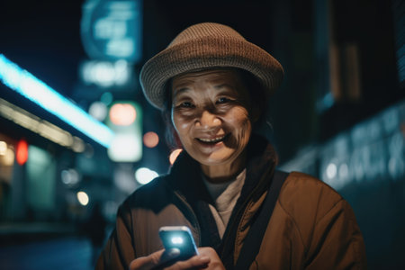 a senior chinese japanese woman trendy clothes using mobile phone with background of urban city street at night Generative AI AIG18.の素材
