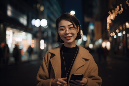 Wide angle shot of a young chinese japanese woman trendy clothes using mobile phone with background of urban city street at night. Generative AI AIG18.の素材