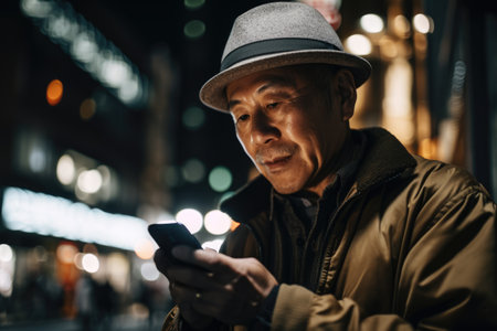 a senior chinese japanese man trendy clothes using mobile phone with background of urban city street at night Generative AI AIG18.の素材
