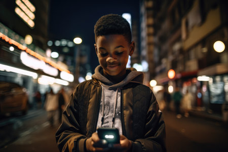 Wide angle shot of a young african-american 10-year-old little boy trendy clothes using mobile phone with background of urban city street at night. Generative AI AIG18.の素材