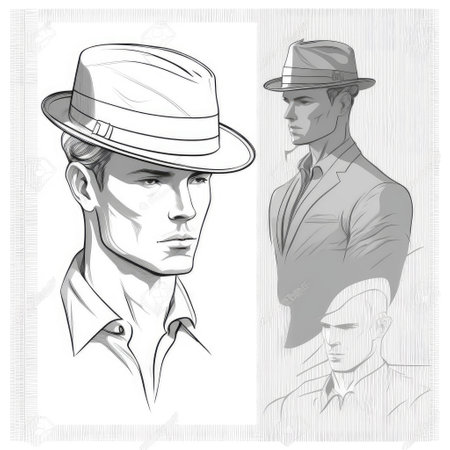 Designed graphic of drawing and contouring pattern in wearing hat man. Concept of smart trendy dramatic western characteristic profile isolated on plain background. Finest generative AI.の素材