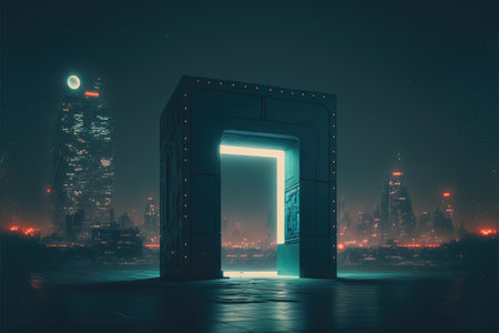 The world revolution of through square modernism future portal. Background of skyscraper with moon spotlight. Finest generative AI.の素材