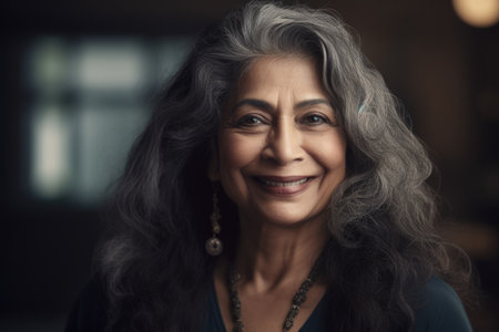 In bright modern office, senior mature beautiful indian businesswoman with large smile. Generative AI AIG18.の素材
