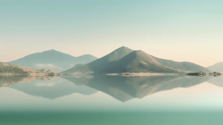 Beautiful mountain lake and natural environment in the morning background. Tranquil panoramic mountainous and nature lake shore scenery. Picturesque generative AIの素材