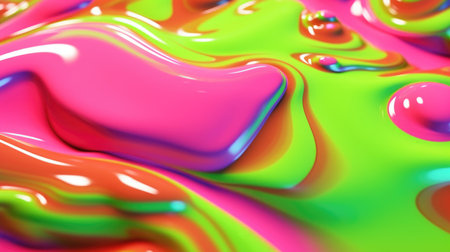 The close up of a glossy liquid surface in bright lime green and hot pink colors with a soft focus....
