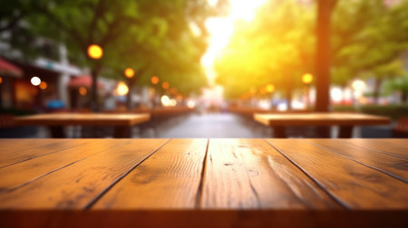 The empty wooden table top with blur background of outdoor cafe in the morning. Exuberant image.の写真素材