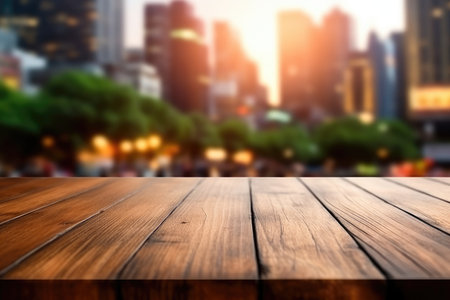 The empty wooden table top with blur background of street in downtown business district with people walking. Exuberant image.の写真素材