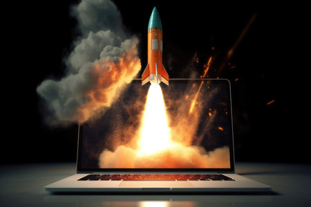Rocket coming out of laptop screen. beautiful Generative AI AIG32の素材