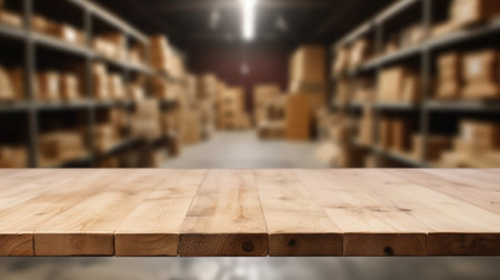 The empty wooden table top with blur background of warehouse storage. Exuberant image.の写真素材