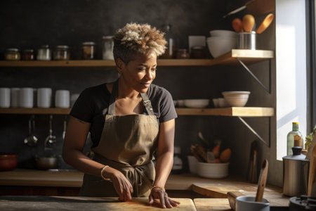 Female African american adult cooking in kitchen apron chef attire. Generative AI AIG23.の素材