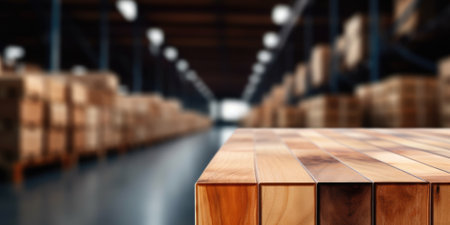 The empty wooden table top with blur background of warehouse storage. Generative AI image AIG30.の素材