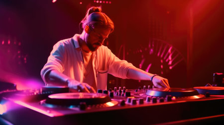 candid an excited DJ young scandinavian man mixing music at turntables with headphones. beautiful Generative AI AIG32の素材