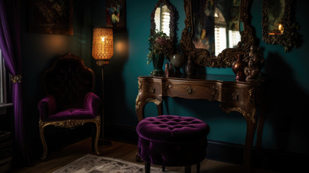 Bedroom decor, home interior design . Art Nouveau Vintage style with Mirror decorated with Glass and Velvet material . Generative AI AIG26.の素材