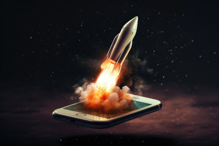 Rocket coming out of smartphone screen. beautiful Generative AI AIG32の素材
