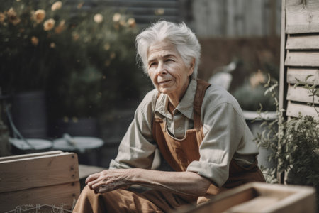 Female Caucasian senior gardening in backyard plants. Generative AI AIG23.の素材