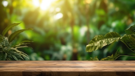 The empty wooden table for product display with blur background of tropical jungle. Generative AI AIG30.の素材