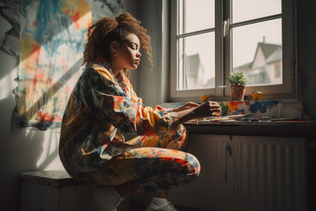 Female African 30s painting art studio artist apron picture drawing overalls. Generative AI AIG23.の素材