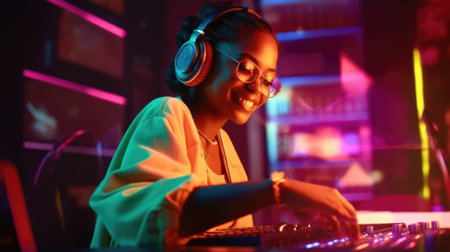 candid an excited DJ young african woman mixing music at turntables with headphones. beautiful Generative AI AIG32の素材