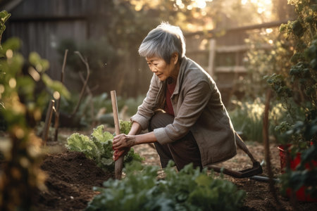 Female Asian senior gardening in backyard plants practical. Generative AI AIG23.の素材