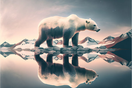 image shown by polar bear suffer due to melting ice caused by the impact of climate change on double exposure of global warming turning arctic hotter in background. Superb Generative AI.の素材