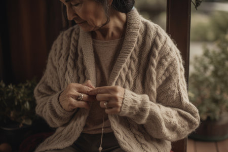 Female Hispanic elderly knitting cozy sweater warmth patio. Generative AI AIG23.の素材